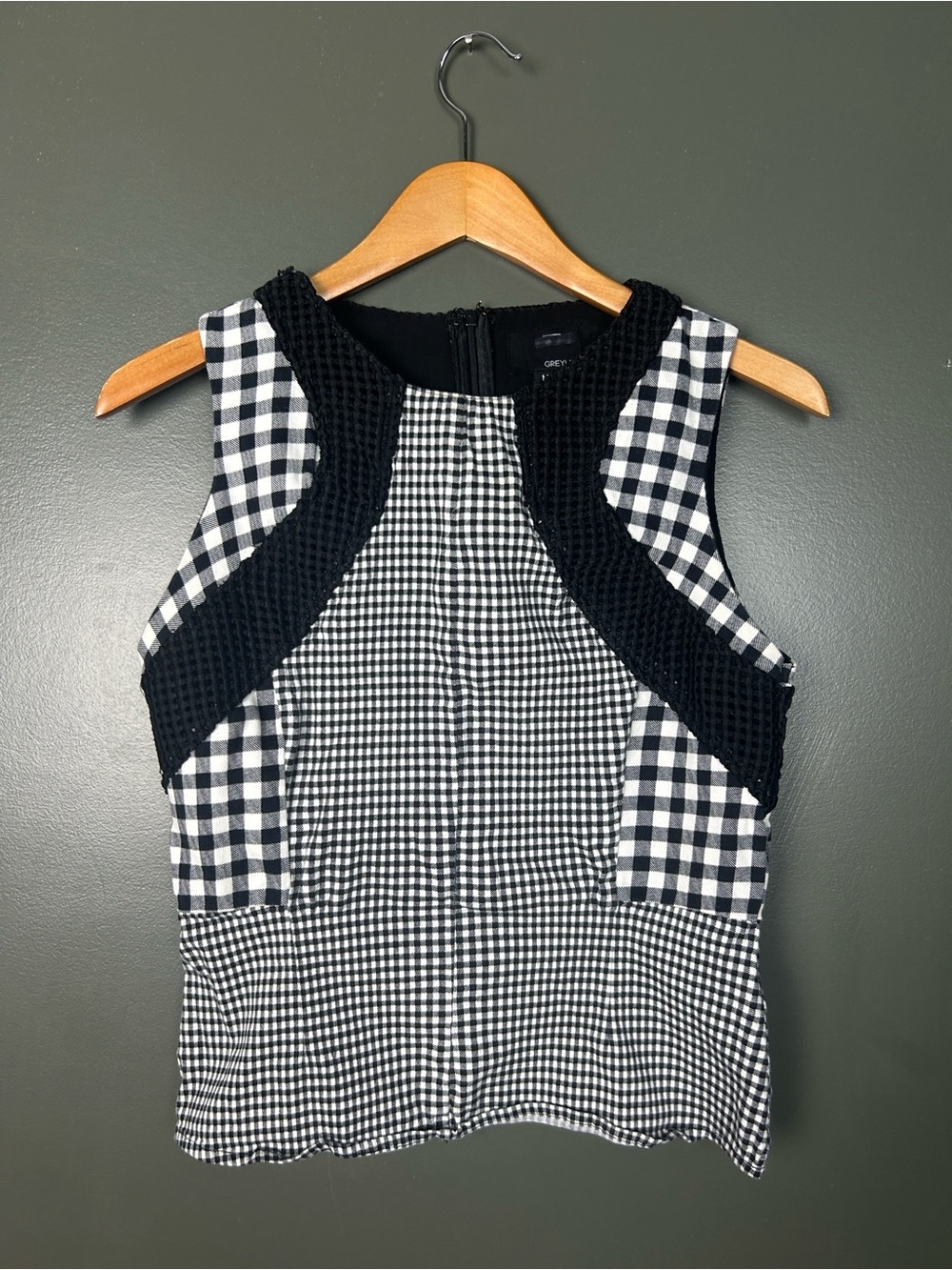 Anthropology Greylin Black White Gingham Mixed Print Stretch Peplum Top M